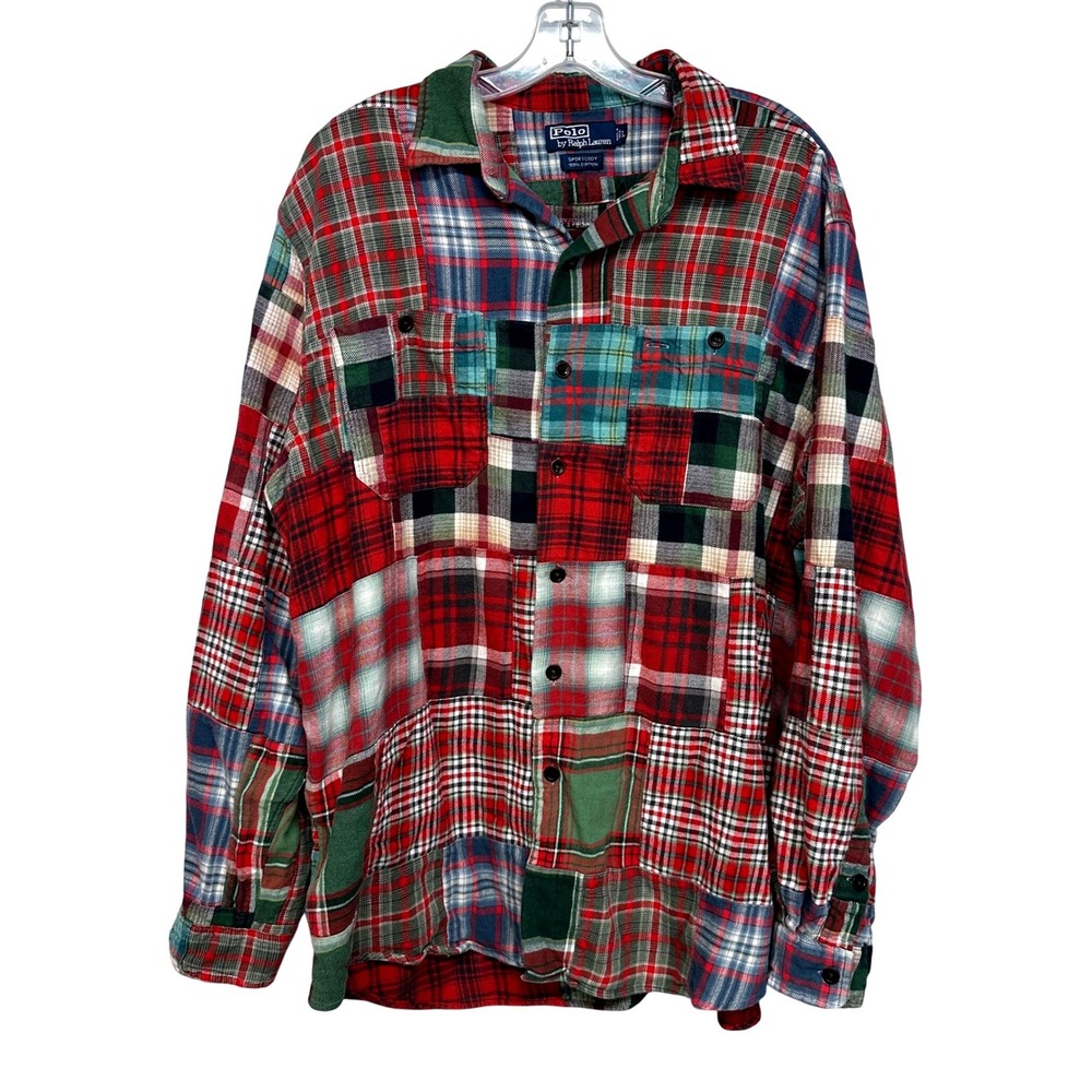 Polo Ralph Lauren VTG Sport Cody Patchwork Plaid Brushed Flannel Shirt Mens L